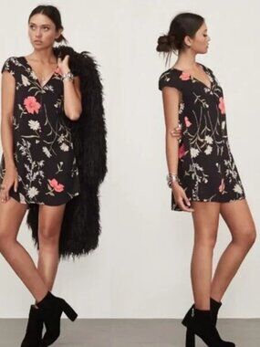 REFORMATION Women Floral Cap Sleeves Mini Dress Sz XS Black Boho Chic 79-15